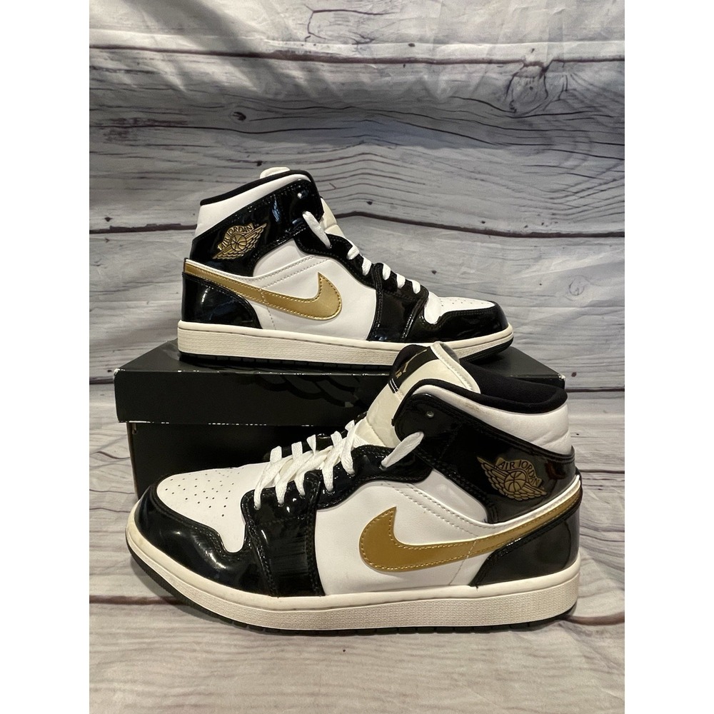 Nike Air Jordan 1 Mid Patent Black White Gold Size 11 (852542-007)